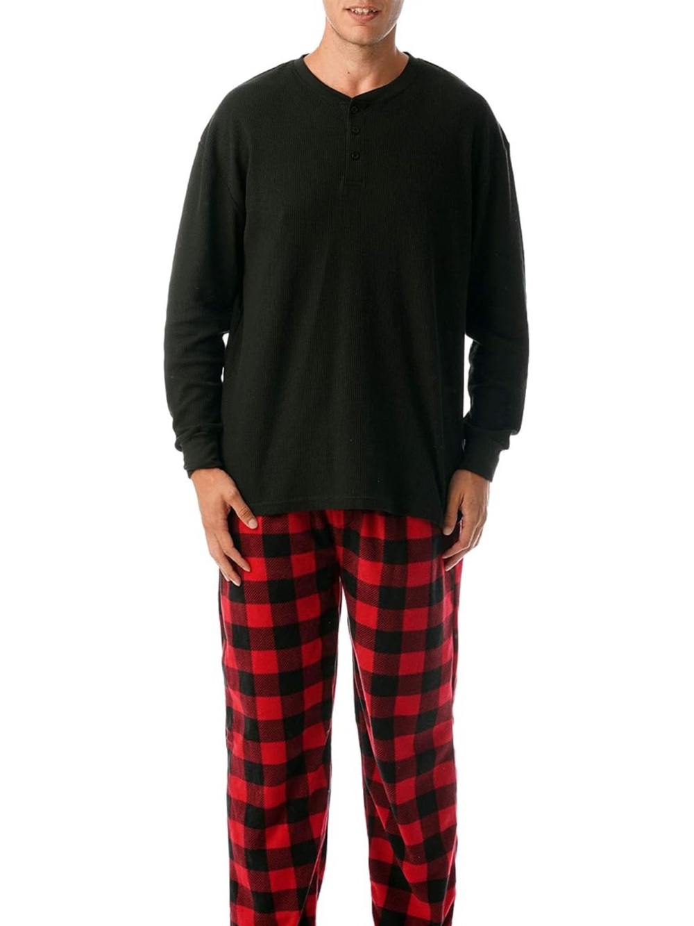 Men’s Black Thermal Henley Top and Fleece Red Buffalo Plaid Pajama Pants